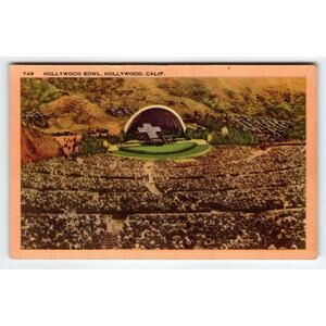Hollywood Bowl California Linen Postcard 1940s Unposted Vintage Crowds Of People